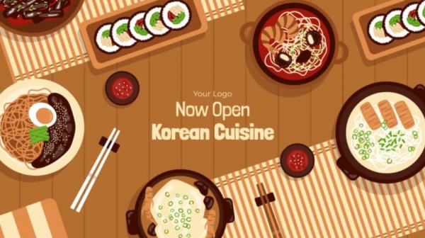 Desain brosur katering dengan tema makanan Asia